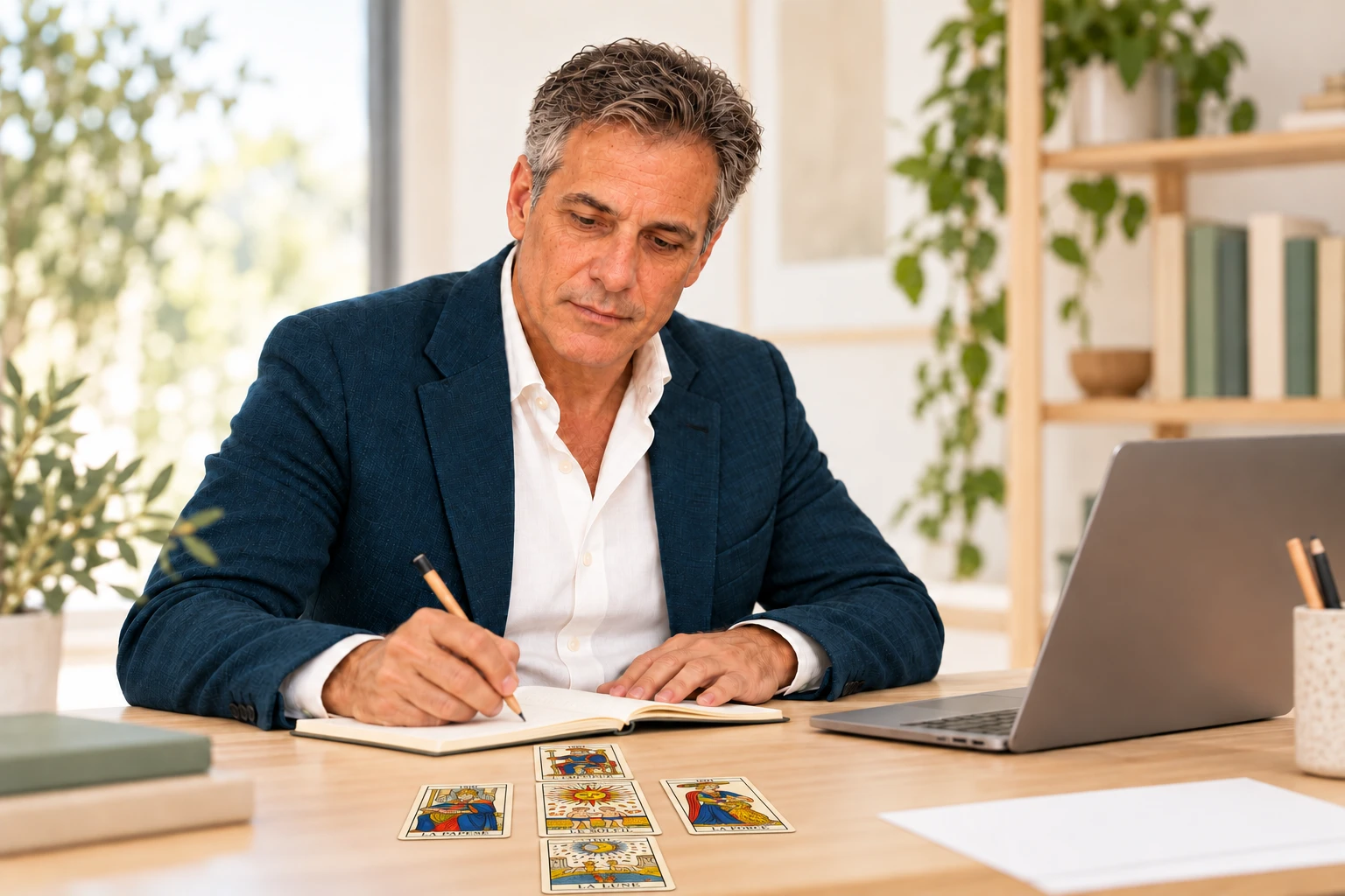 Leonardo prende appunti con cinque carte dei Tarocchi di Marsiglia disposte a croce davanti al quaderno